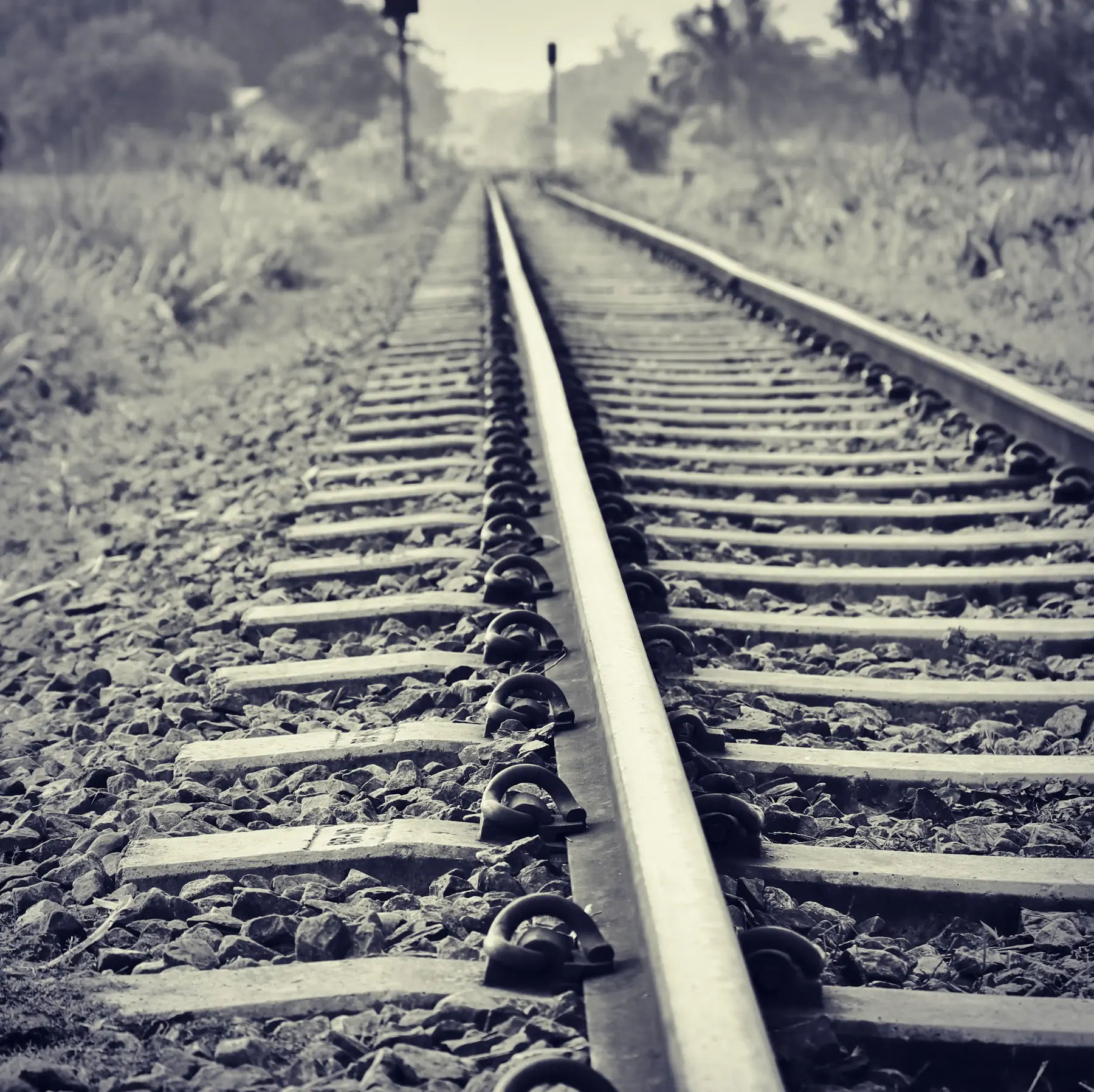 Black and white railway tracks vanishing into the distance
